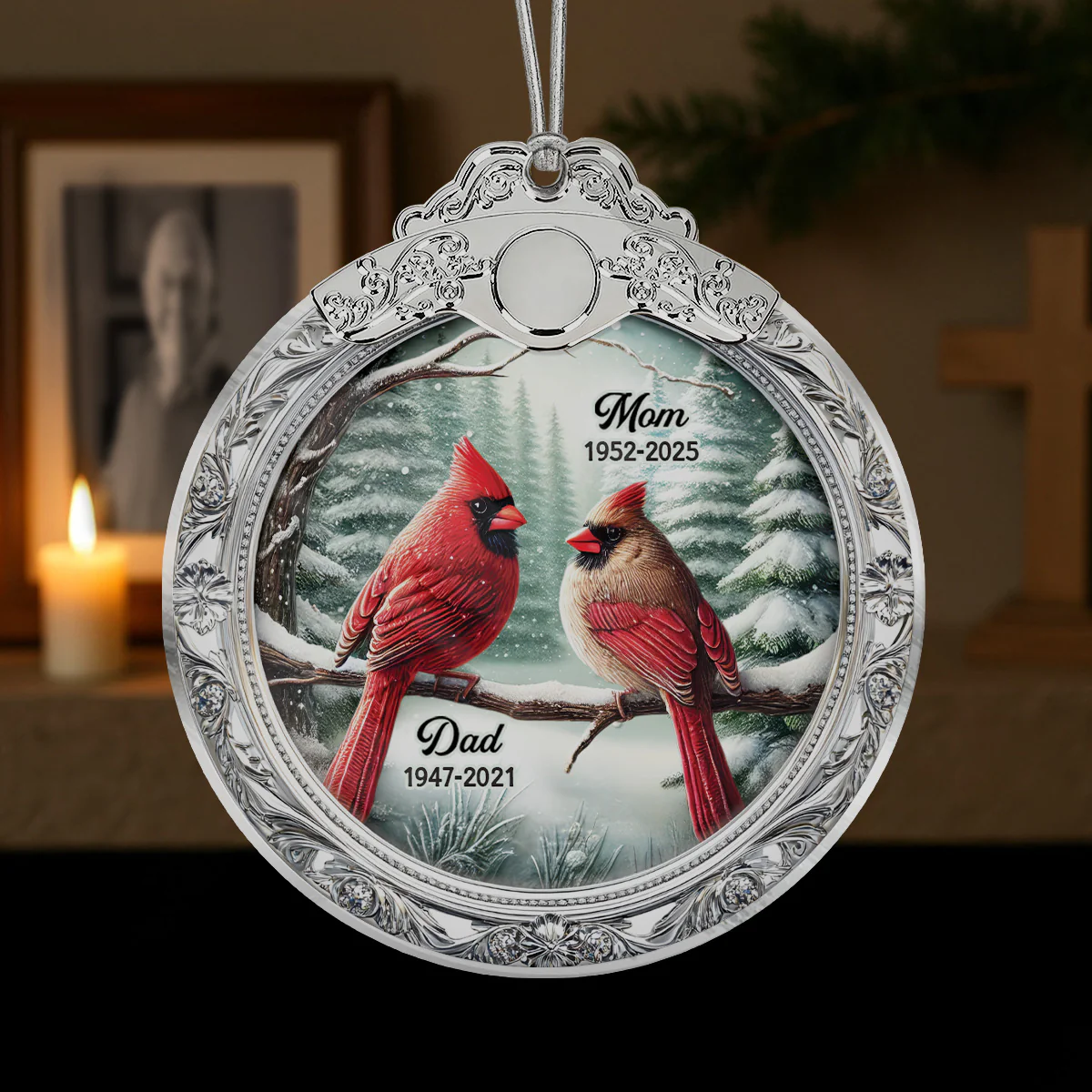 Winter Scene Memorial Cardinal 3D Effect - Personalized Glass Ornament With Silver Cap - Sympathy Gift Remembrance Keepsake - Image 4