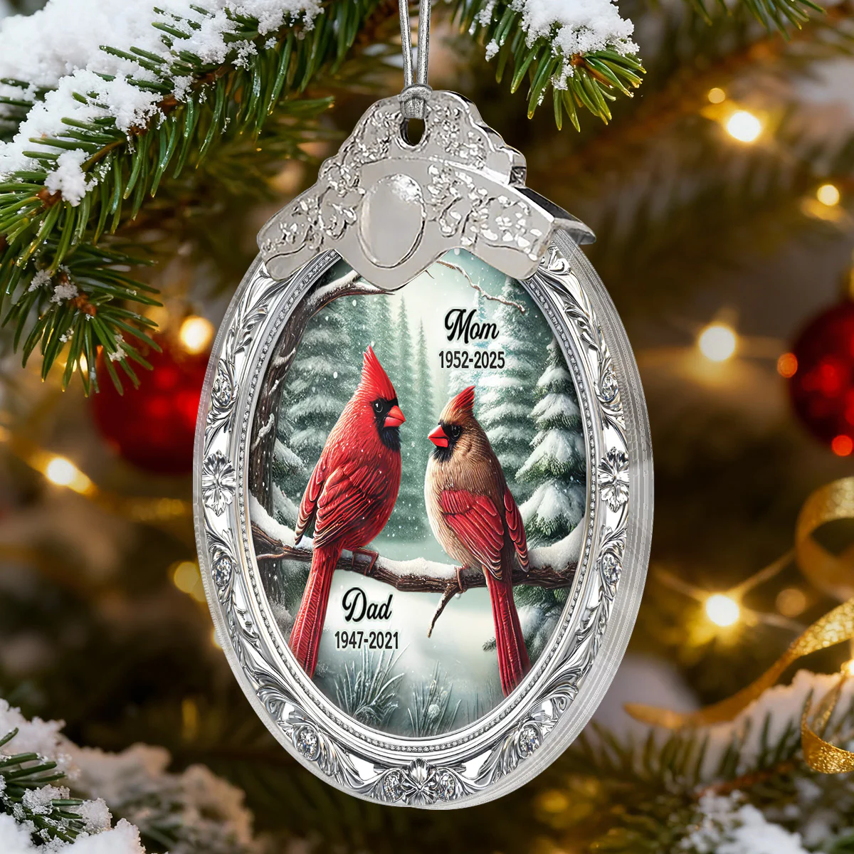 Winter Scene Memorial Cardinal 3D Effect - Personalized Glass Ornament With Silver Cap - Sympathy Gift Remembrance Keepsake - Image 5