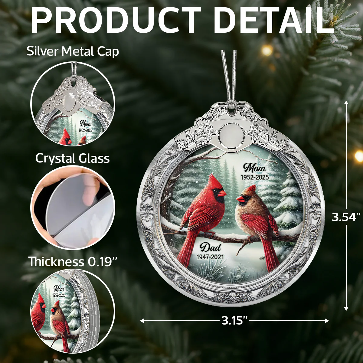 Winter Scene Memorial Cardinal 3D Effect - Personalized Glass Ornament With Silver Cap - Sympathy Gift Remembrance Keepsake - Image 6