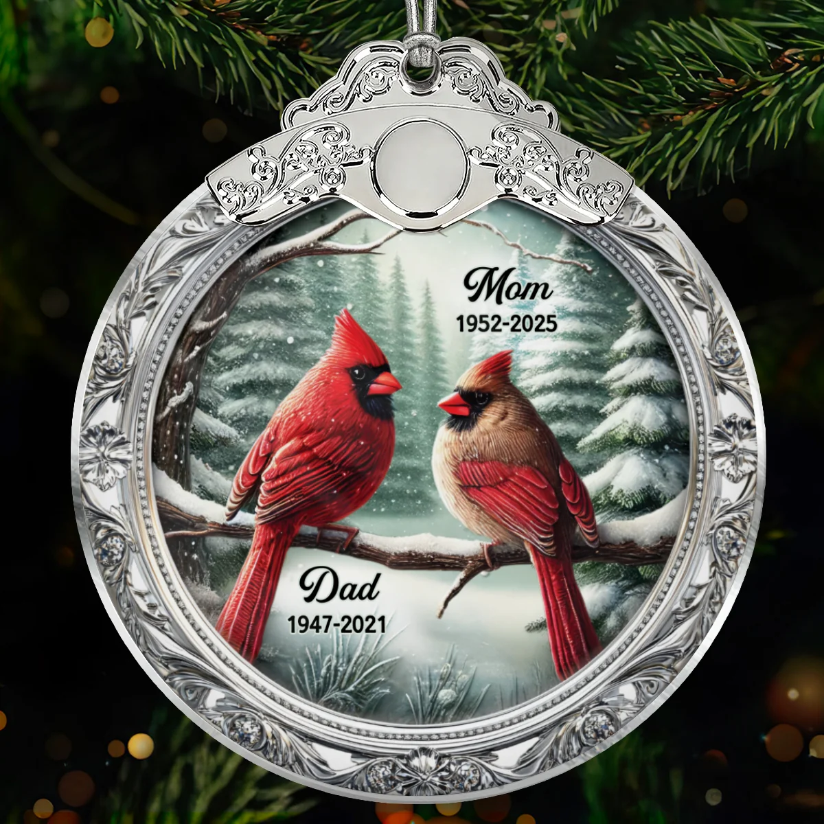 Winter Scene Memorial Cardinal 3D Effect - Personalized Glass Ornament With Silver Cap - Sympathy Gift Remembrance Keepsake - Image 7