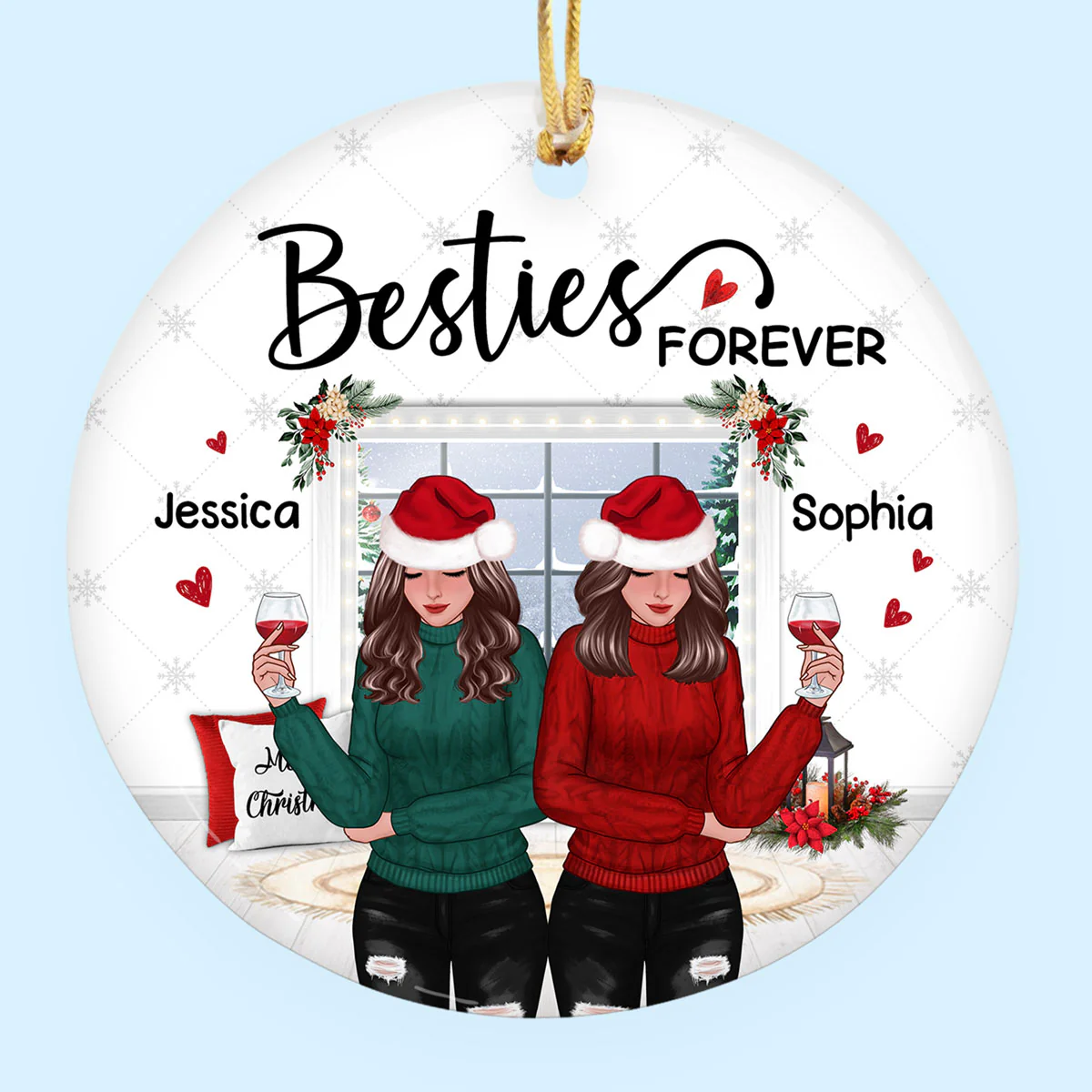 Winter Window Front View Christmas Besties Personalized Circle Ornament