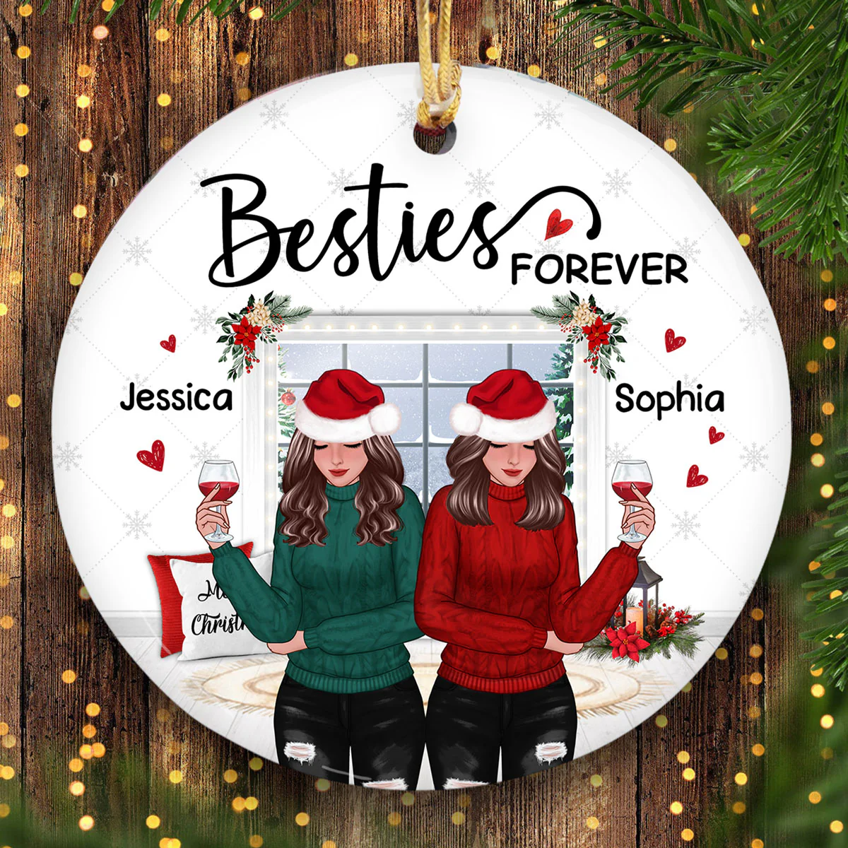 Winter Window Front View Christmas Besties Personalized Circle Ornament - Image 2