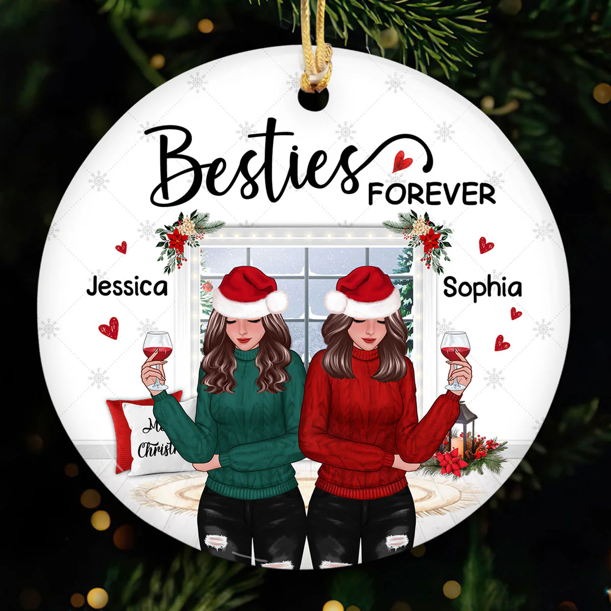 Winter Window Front View Christmas Besties Personalized Circle Ornament - Image 3