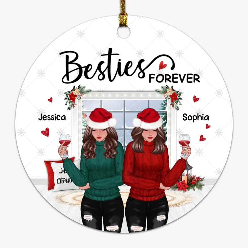 Winter Window Front View Christmas Besties Personalized Circle Ornament - Image 6