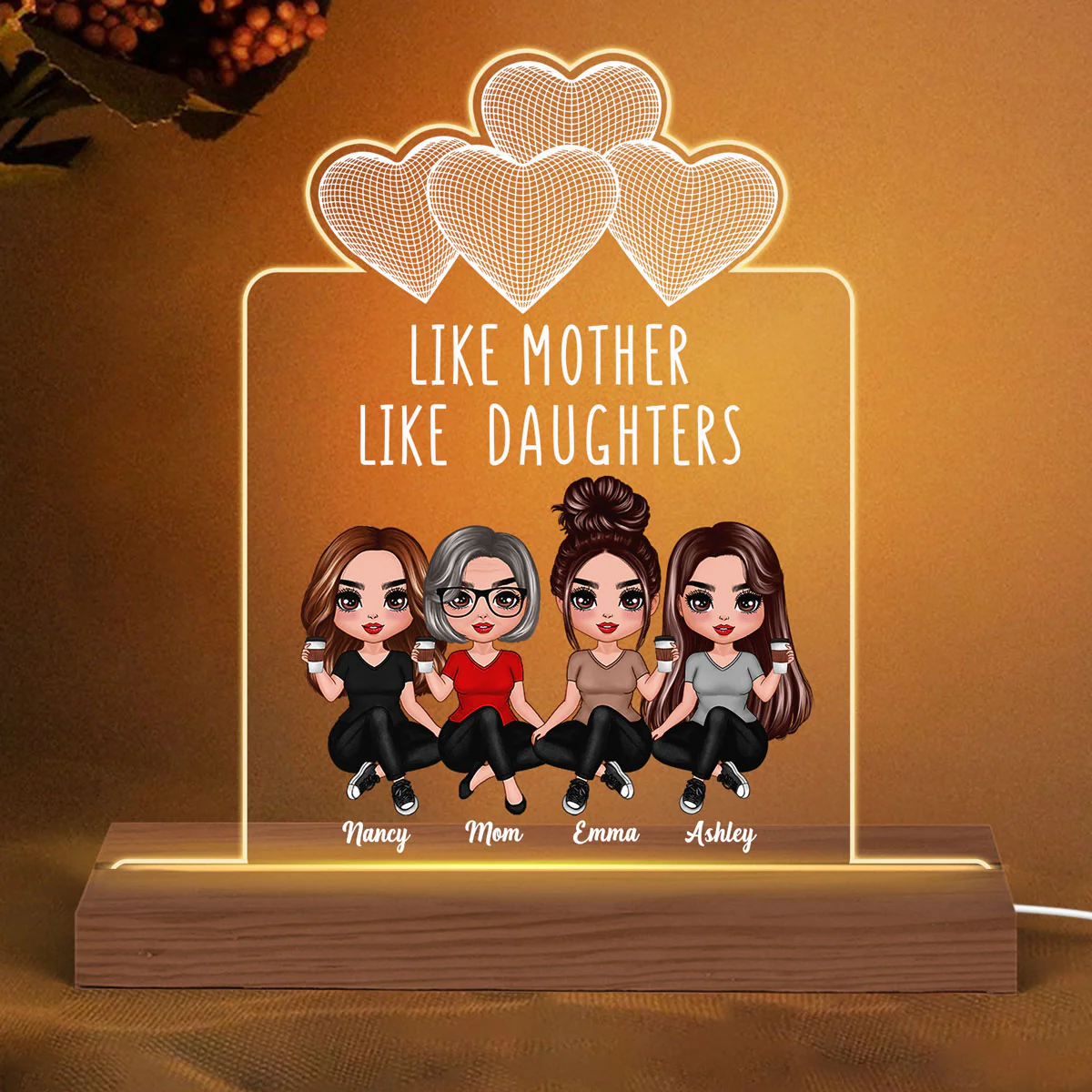 Wireframe Hearts Doll Women Sitting Like Mother Like Daughter Personalized Custom Shape Acrylic Plaque LED Night Light - Image 2