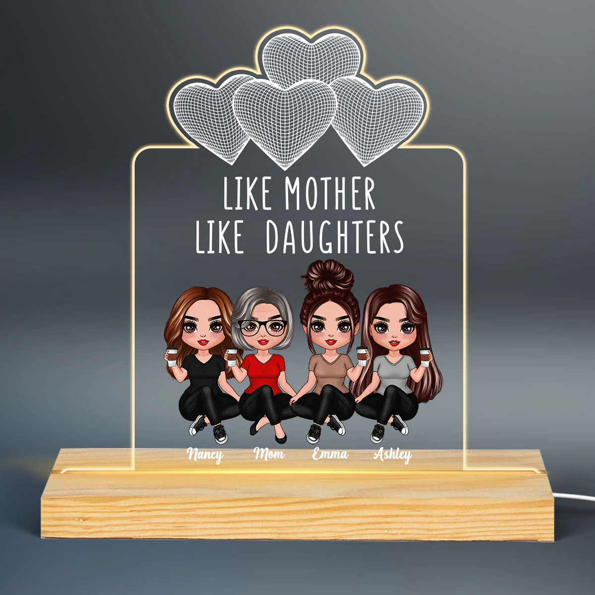 Wireframe Hearts Doll Women Sitting Like Mother Like Daughter Personalized Custom Shape Acrylic Plaque LED Night Light - Image 3