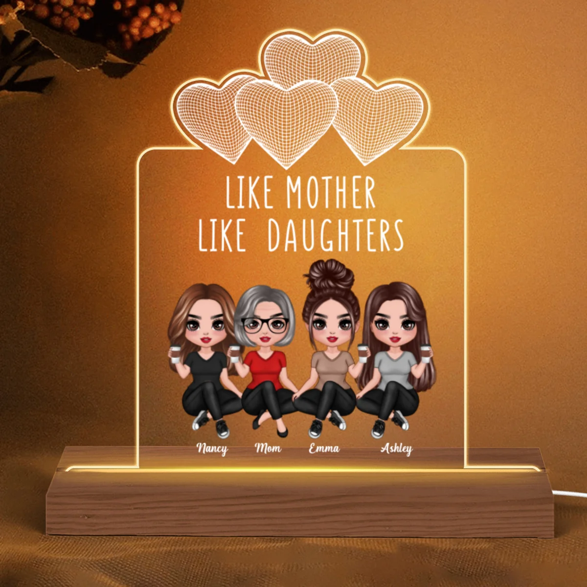 Wireframe Hearts Doll Women Sitting Like Mother Like Daughter Personalized Custom Shape Acrylic Plaque LED Night Light - Image 5