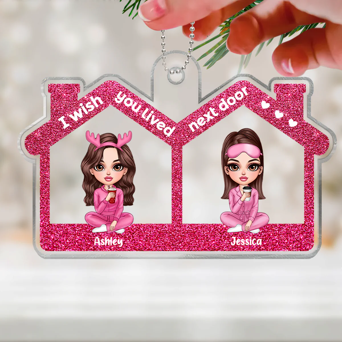 Wish You Lived Next Door Pink Besties Sitting Personalized Acrylic Ornament - Image 2