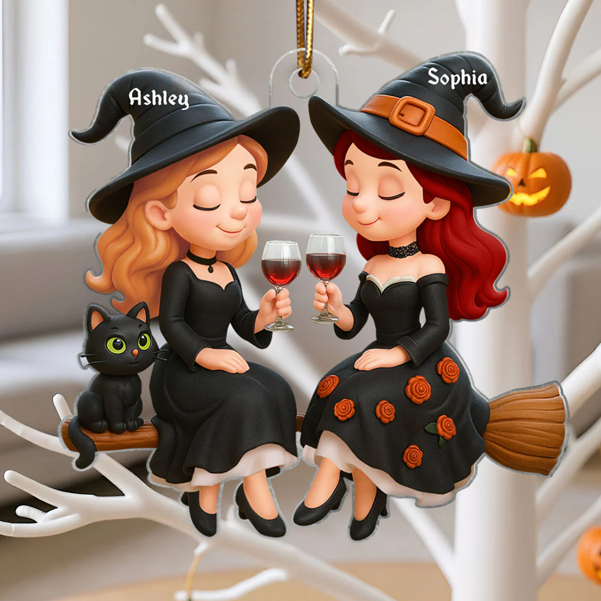 Witch Besties 3D Effect Personalized Acrylic Ornament, Halloween Decoration - Image 3