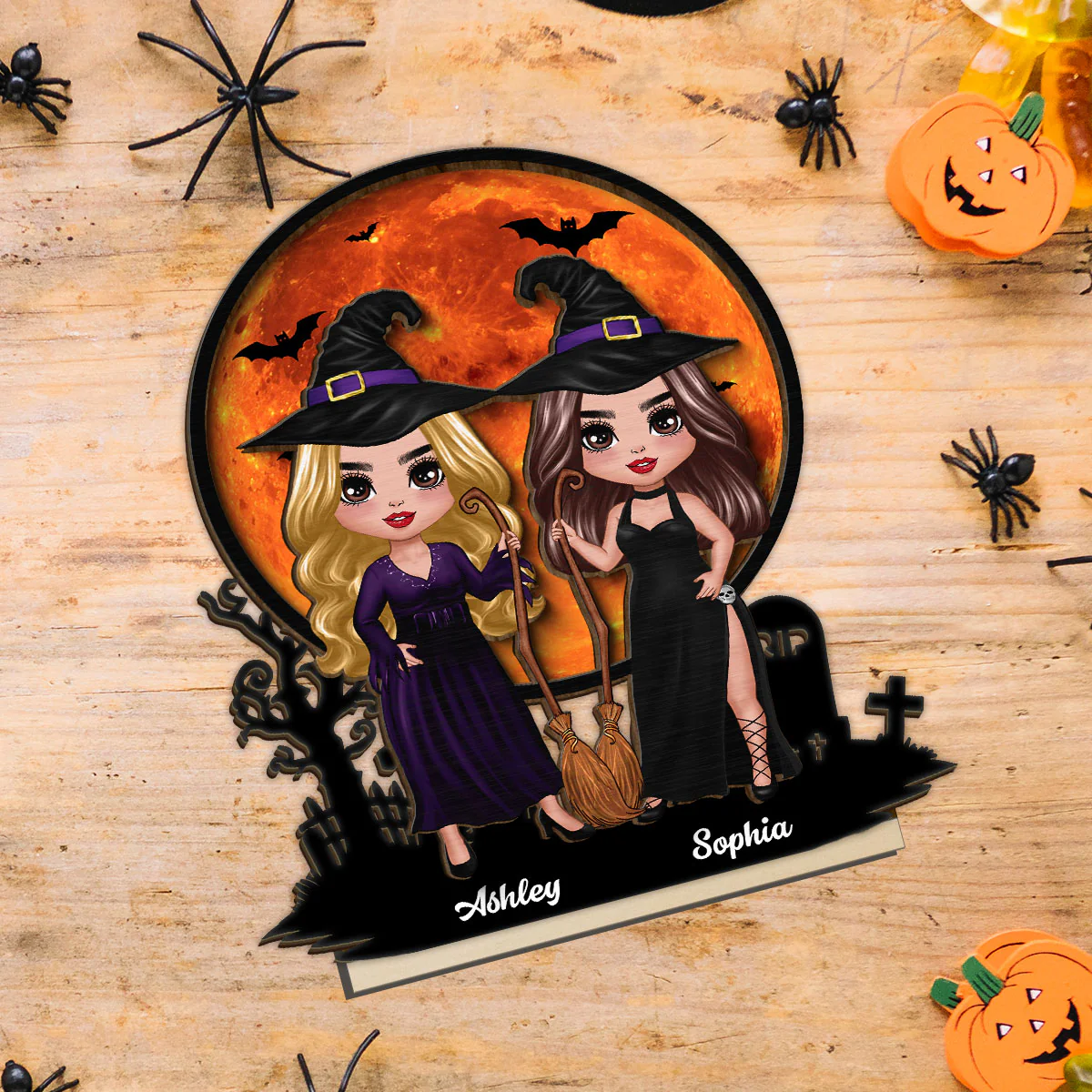 Witch Besties Halloween Moon Tabletop Tier Tray Wicca Pagan Decor Personalized 2-Layer Standing Wooden Plaque - Image 5