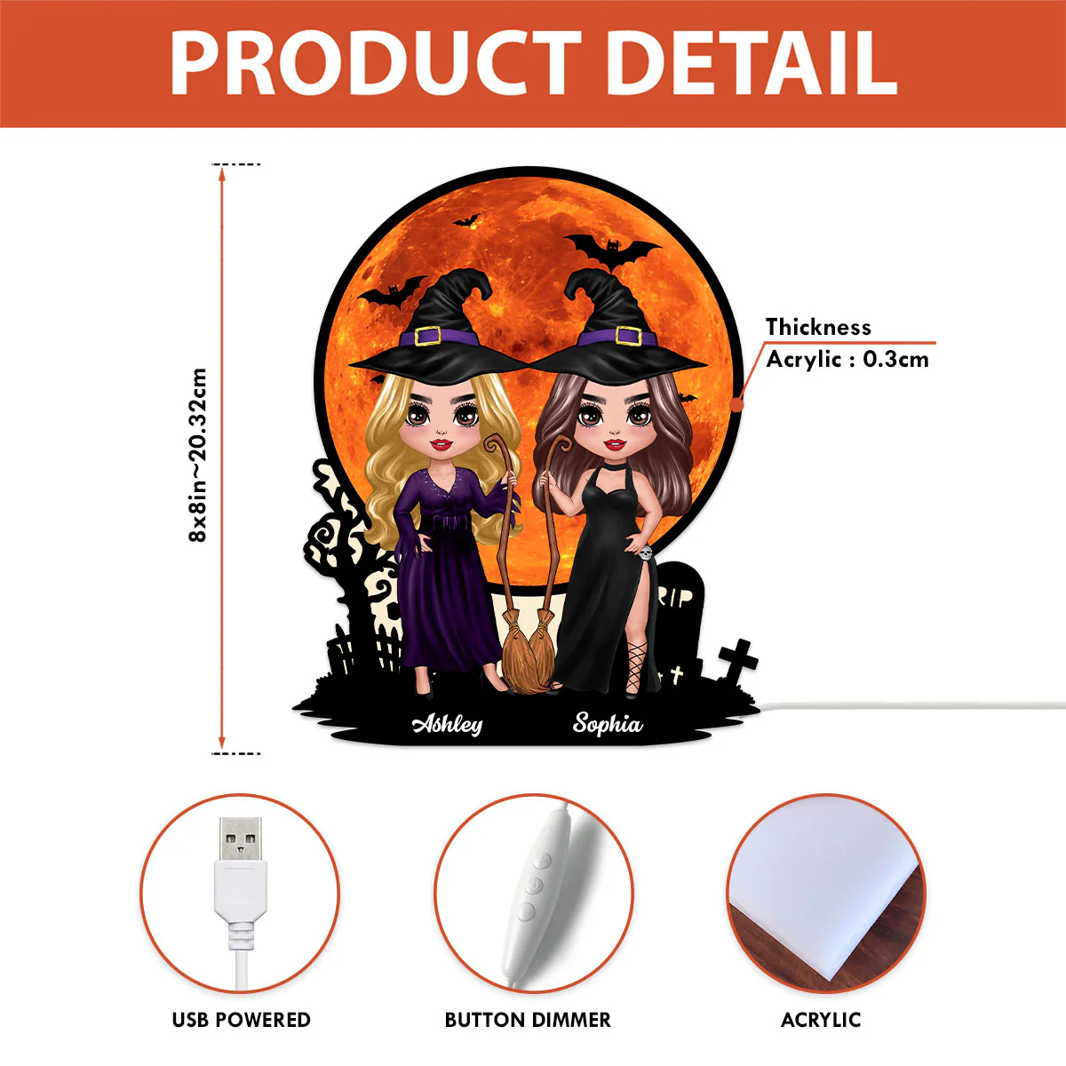 Witch Besties Under Halloween Moon Tabletop Wicca Pagan Decor Personalized Light Box, Halloween Decor - Image 5