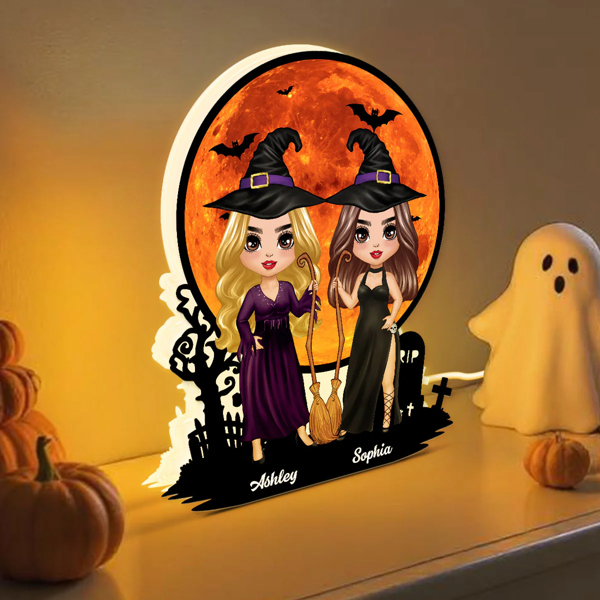 Witch Besties Under Halloween Moon Tabletop Wicca Pagan Decor Personalized Light Box, Halloween Decor - Image 7