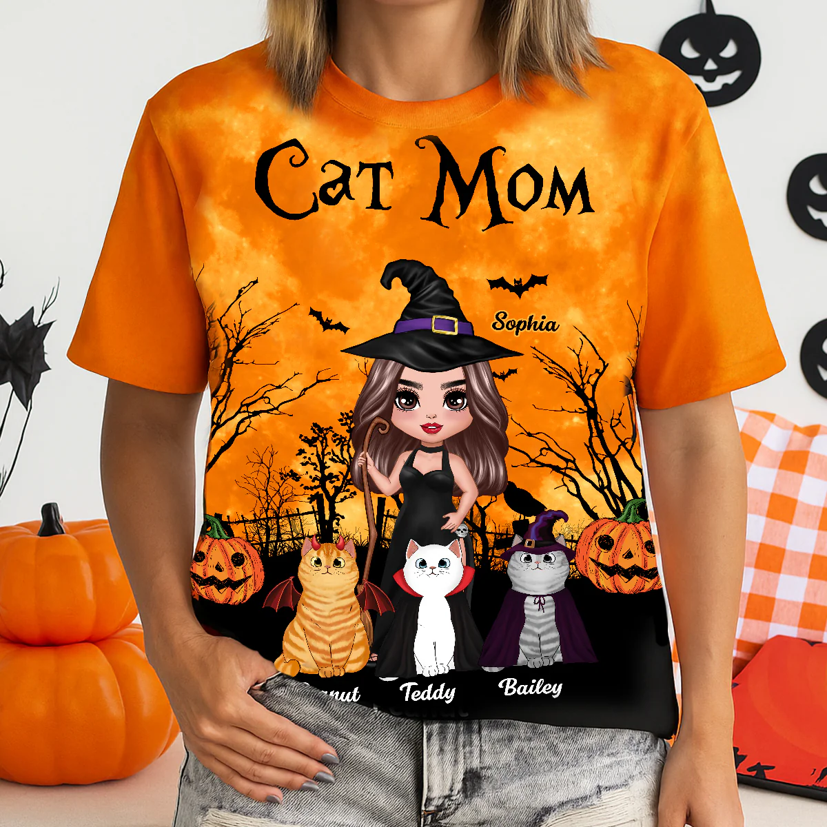 Witch Cat Mom Halloween Moon Light Bat Tree Personalized Shirt, Purrfect Costume for Cat Lover - Image 4