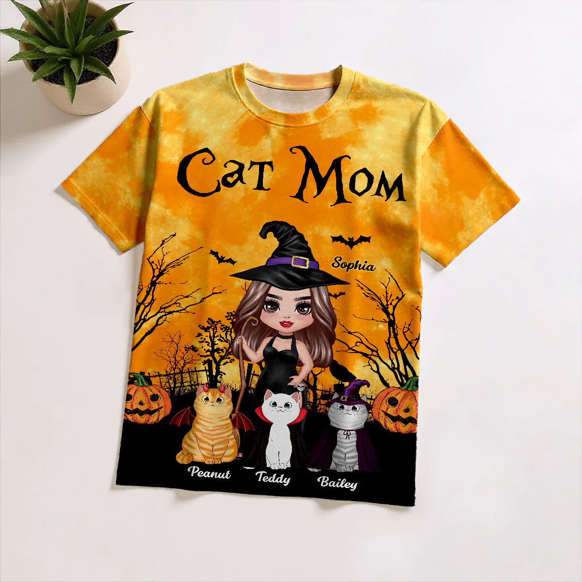 Witch Cat Mom Halloween Moon Light Bat Tree Personalized Shirt, Purrfect Costume for Cat Lover - Image 6