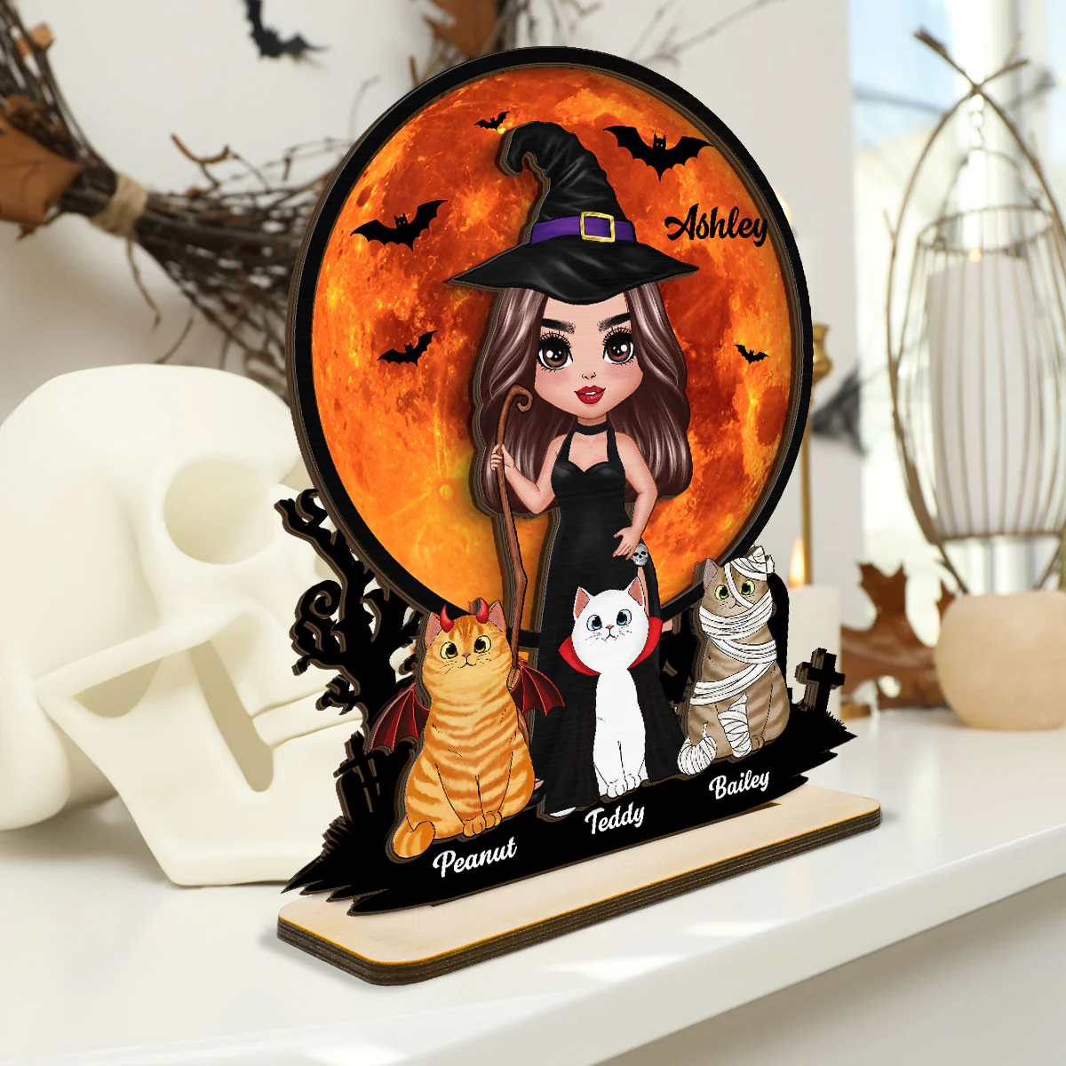 Witch Cat Mom Under Halloween Moon Tabletop Tier Tray Decor Personalized 2-Layer Standing Wooden Plaque - Image 11