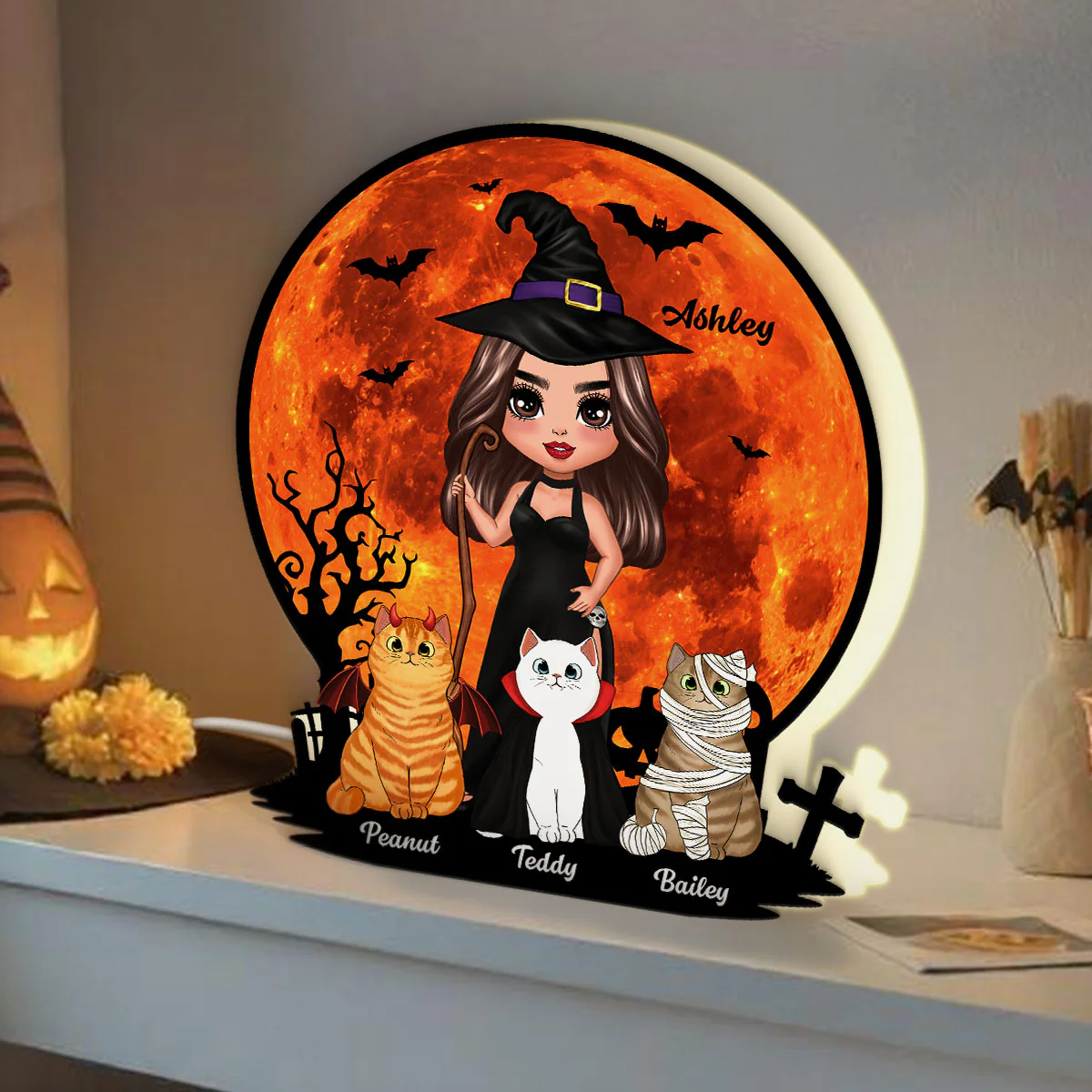 Witch Cat Mom Under Halloween Moon Tabletop Tier Tray Decor Personalized Light Box, Halloween Decor For Cat Lovers - Image 2