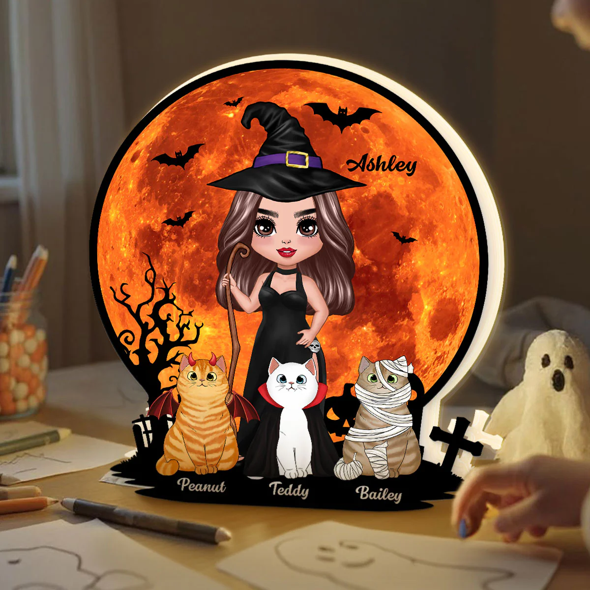 Witch Cat Mom Under Halloween Moon Tabletop Tier Tray Decor Personalized Light Box, Halloween Decor For Cat Lovers - Image 3