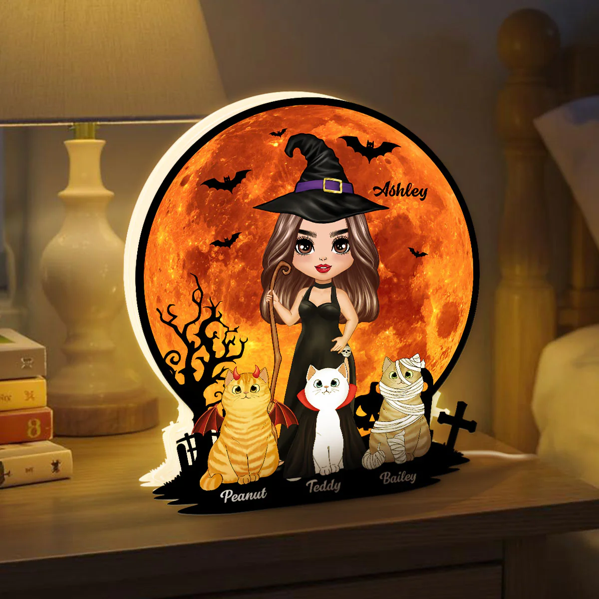 Witch Cat Mom Under Halloween Moon Tabletop Tier Tray Decor Personalized Light Box, Halloween Decor For Cat Lovers - Image 4