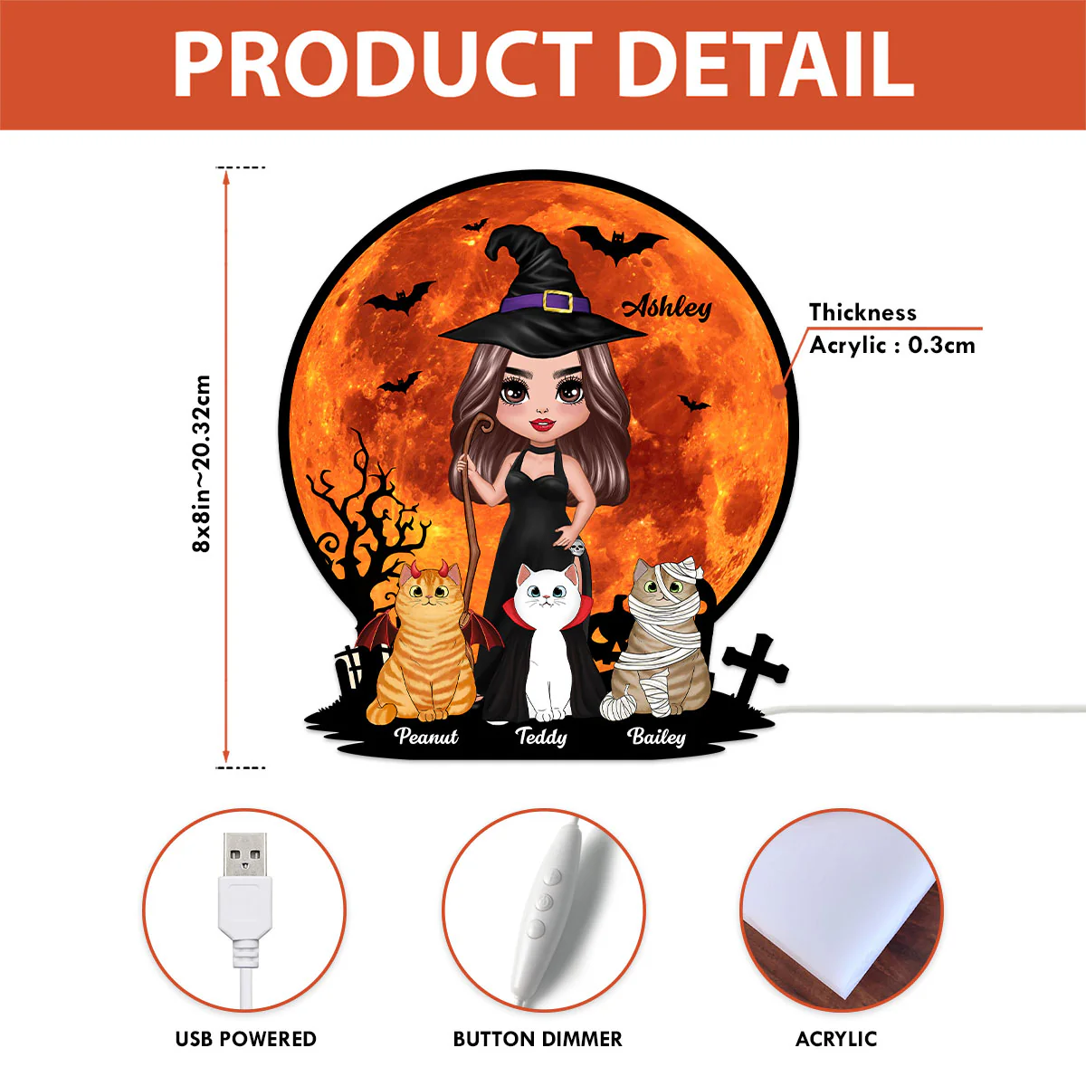 Witch Cat Mom Under Halloween Moon Tabletop Tier Tray Decor Personalized Light Box, Halloween Decor For Cat Lovers - Image 5