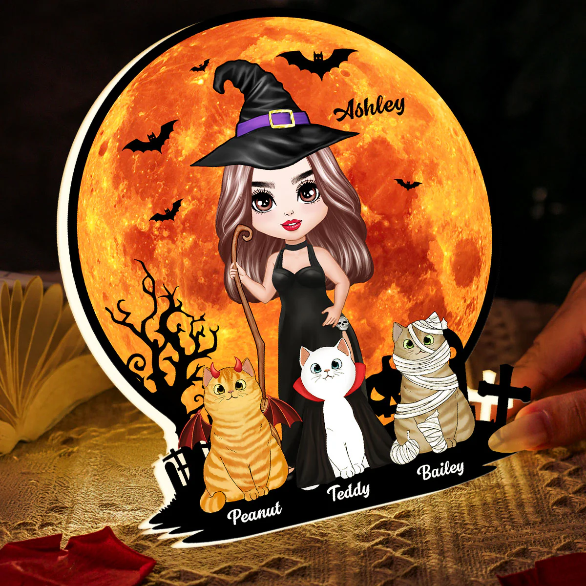 Witch Cat Mom Under Halloween Moon Tabletop Tier Tray Decor Personalized Light Box, Halloween Decor For Cat Lovers - Image 6