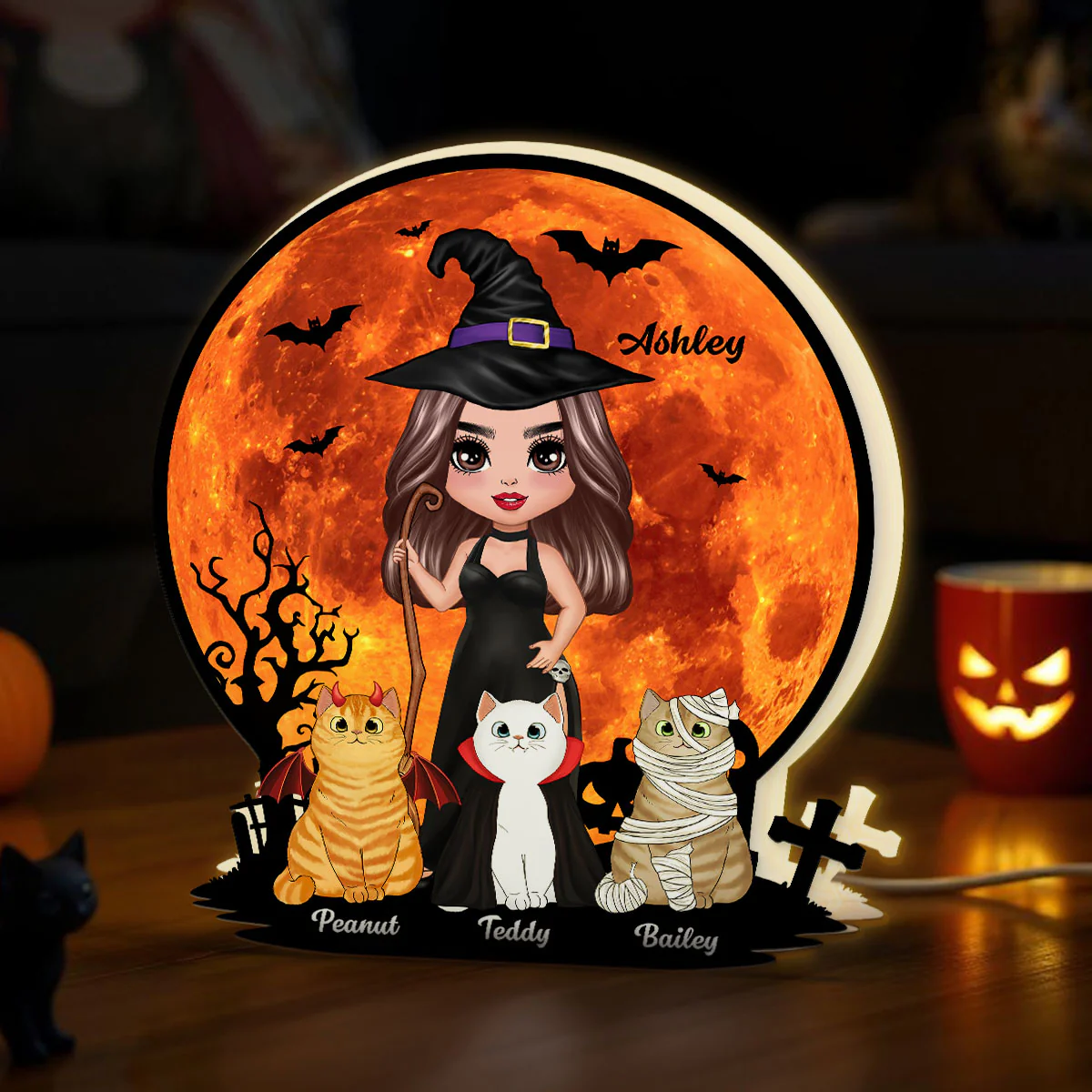 Witch Cat Mom Under Halloween Moon Tabletop Tier Tray Decor Personalized Light Box, Halloween Decor For Cat Lovers - Image 7