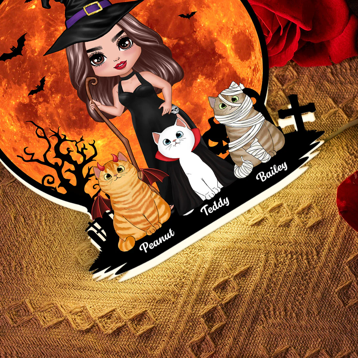 Witch Cat Mom Under Halloween Moon Tabletop Tier Tray Decor Personalized Light Box, Halloween Decor For Cat Lovers - Image 8