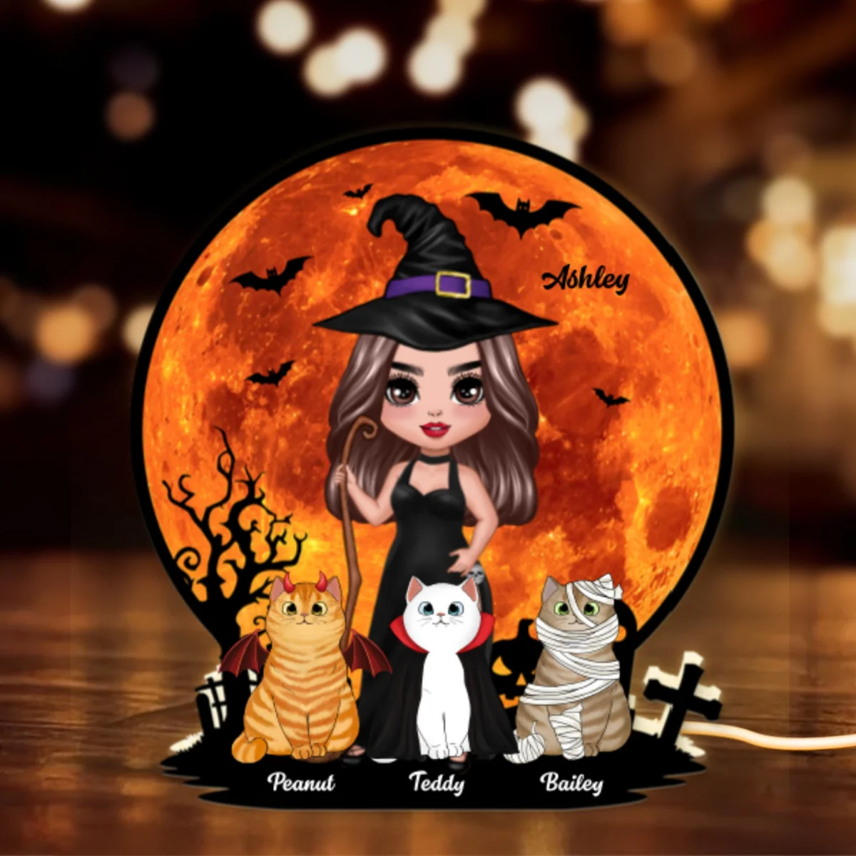 Witch Cat Mom Under Halloween Moon Tabletop Tier Tray Decor Personalized Light Box, Halloween Decor For Cat Lovers - Image 9