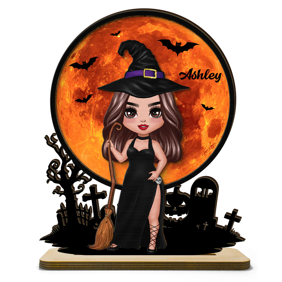 Witch Under Halloween Moon Tabletop Tier Tray Wicca Pagan Decor Personalized 2-Layer Standing Wooden Plaque - Image 3