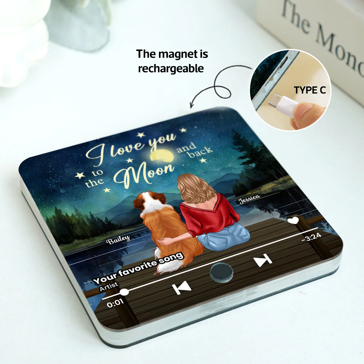 Woman And Dog I Love You To The Moon And Back Personalized Music Fridge Magnet, Heartfelt Gift For Couple, For Him, For Her, Boyfriend, Girlfriend, Husband, Wife - Image 3