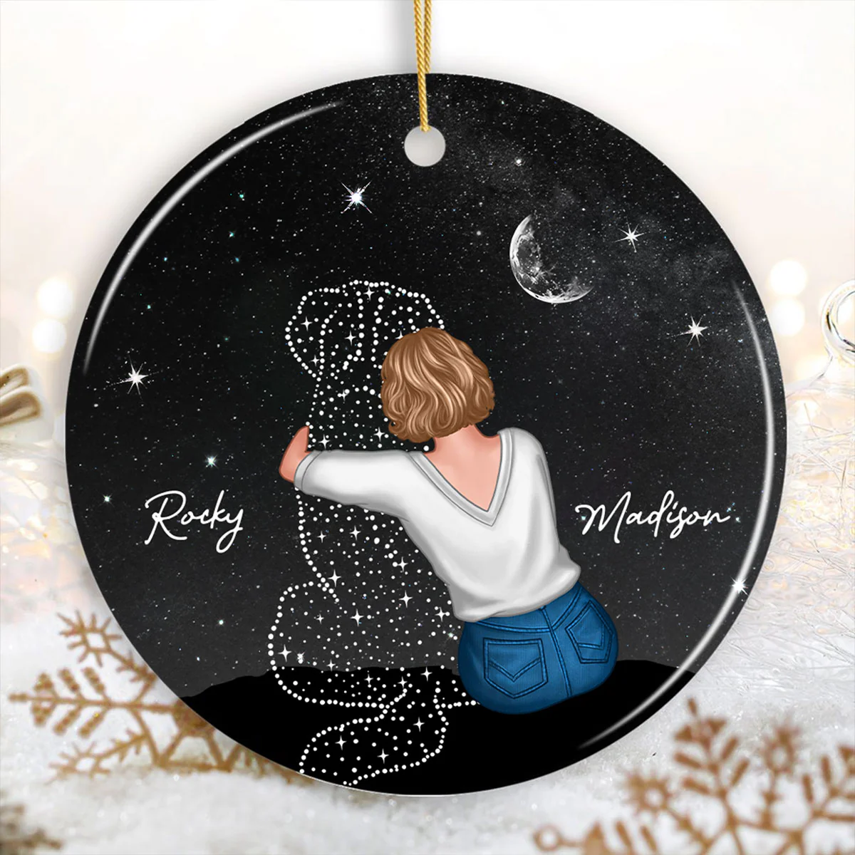Woman And Dog Sitting Memorial Personalized Circle Ceramic Ornament - Image 2