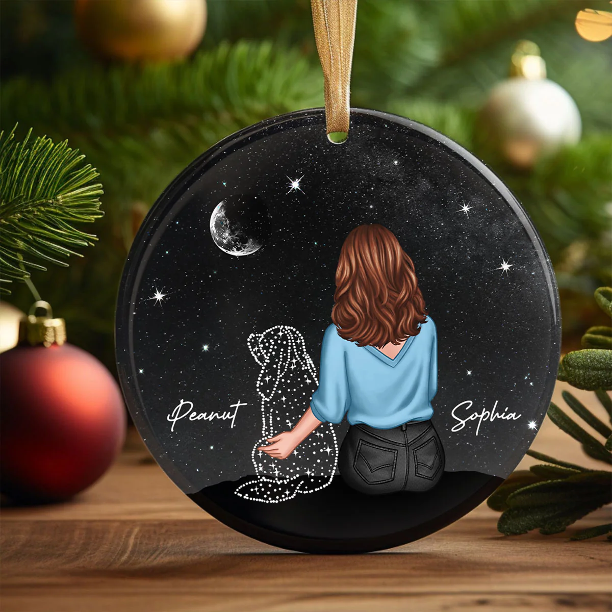 Woman And Dog Sitting Memorial Personalized Circle Ceramic Ornament - Image 3