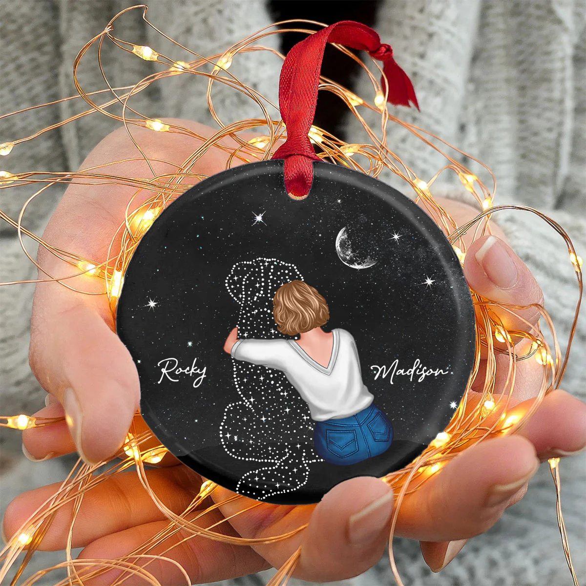 Woman And Dog Sitting Memorial Personalized Circle Ceramic Ornament - Image 4