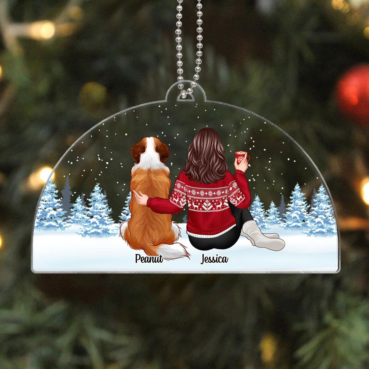 Woman And Dogs Sitting Back View Personalized Acrylic Ornament, Christmas Gift For Dog Mom - Image 2
