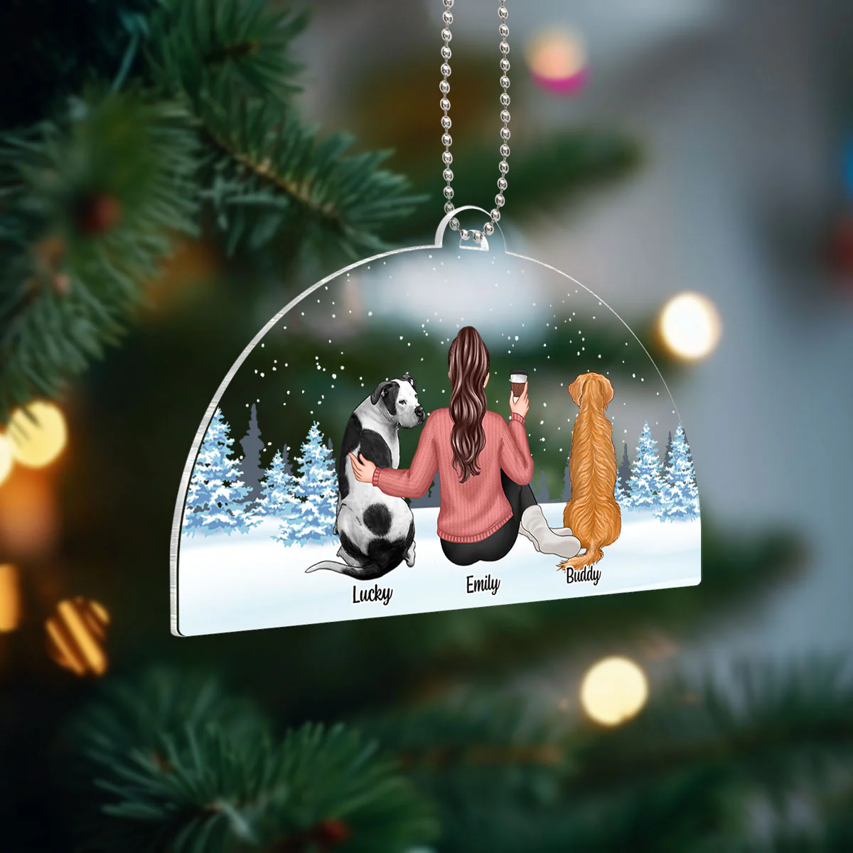 Woman And Dogs Sitting Back View Personalized Acrylic Ornament, Christmas Gift For Dog Mom - Image 3
