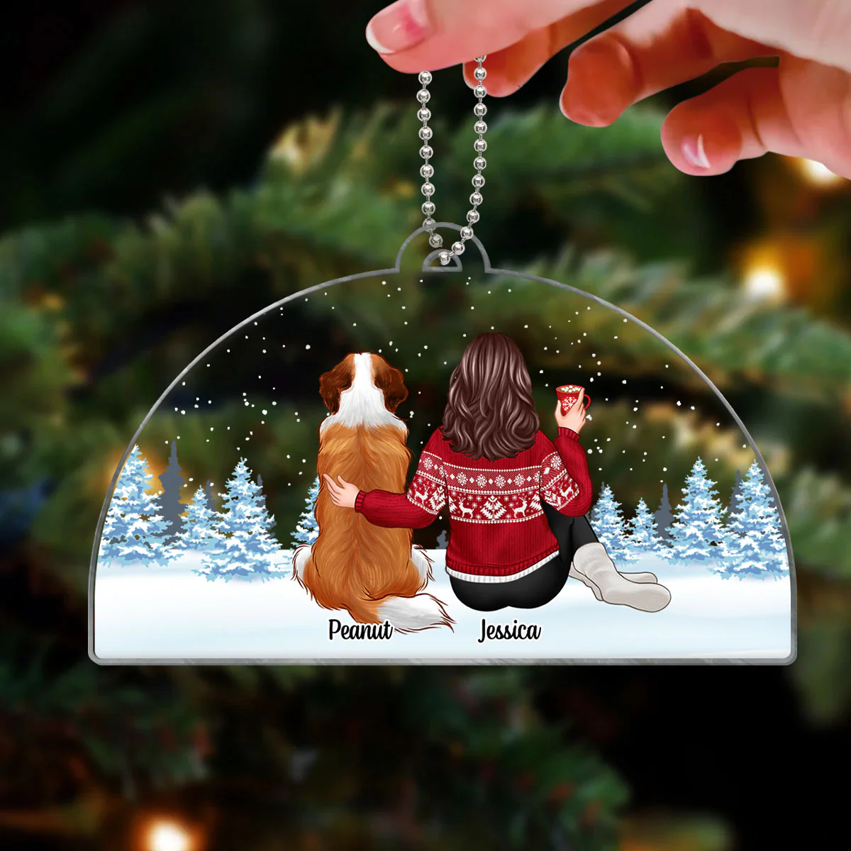 Woman And Dogs Sitting Back View Personalized Acrylic Ornament, Christmas Gift For Dog Mom - Image 4
