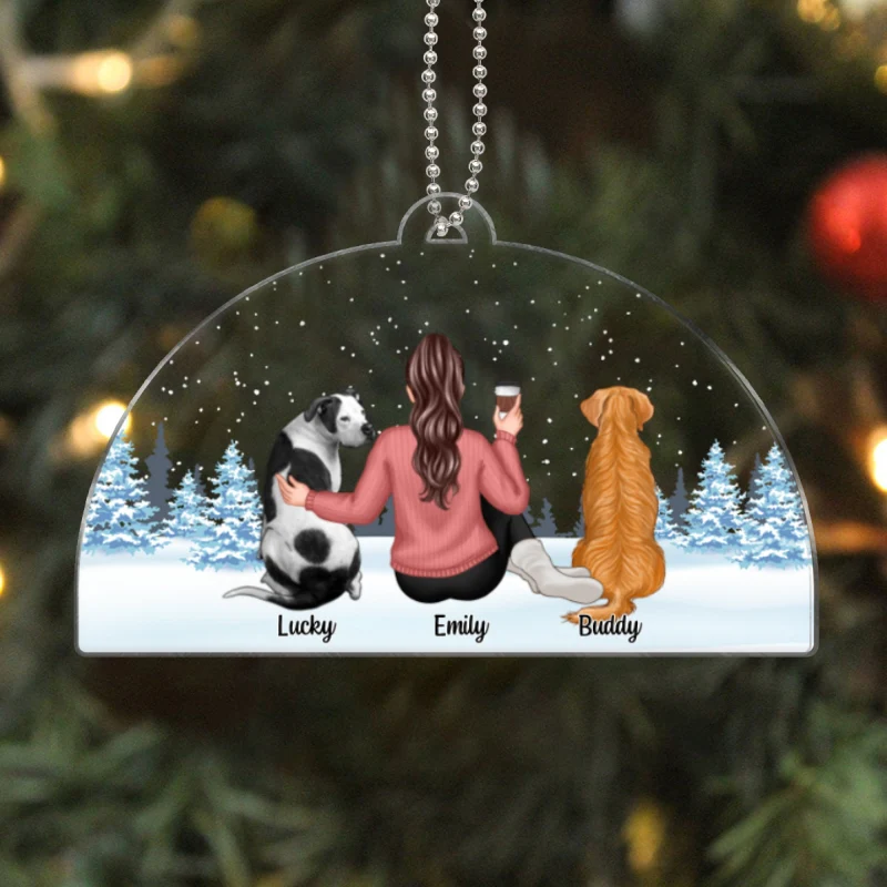 Woman And Dogs Sitting Back View Personalized Acrylic Ornament, Christmas Gift For Dog Mom - Image 6