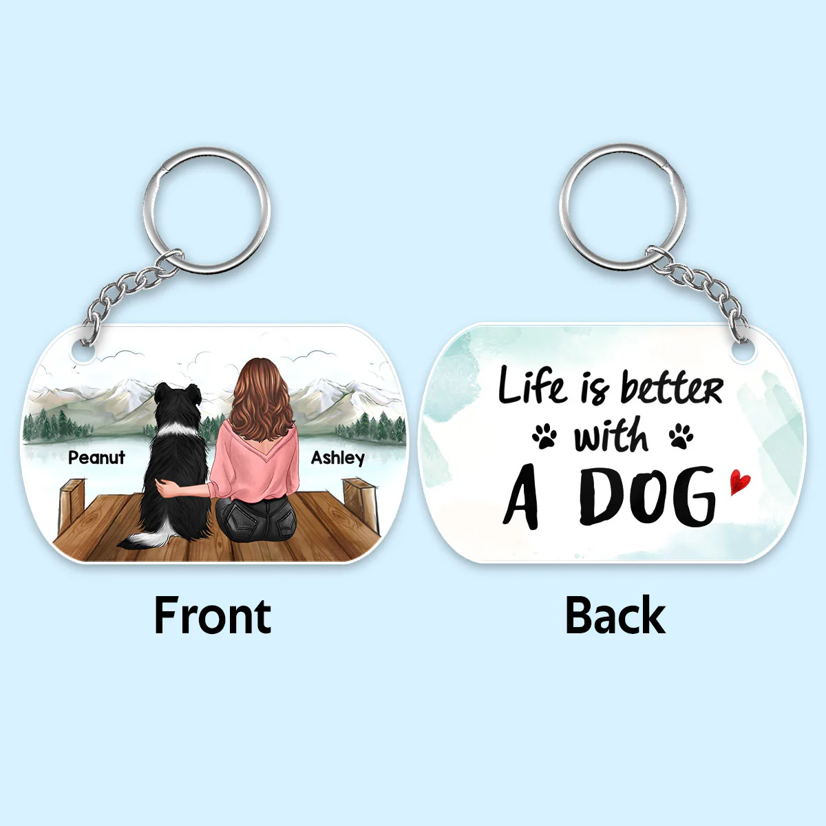 Woman & Dog Sitting On Bridge Personalized Acrylic Keychain