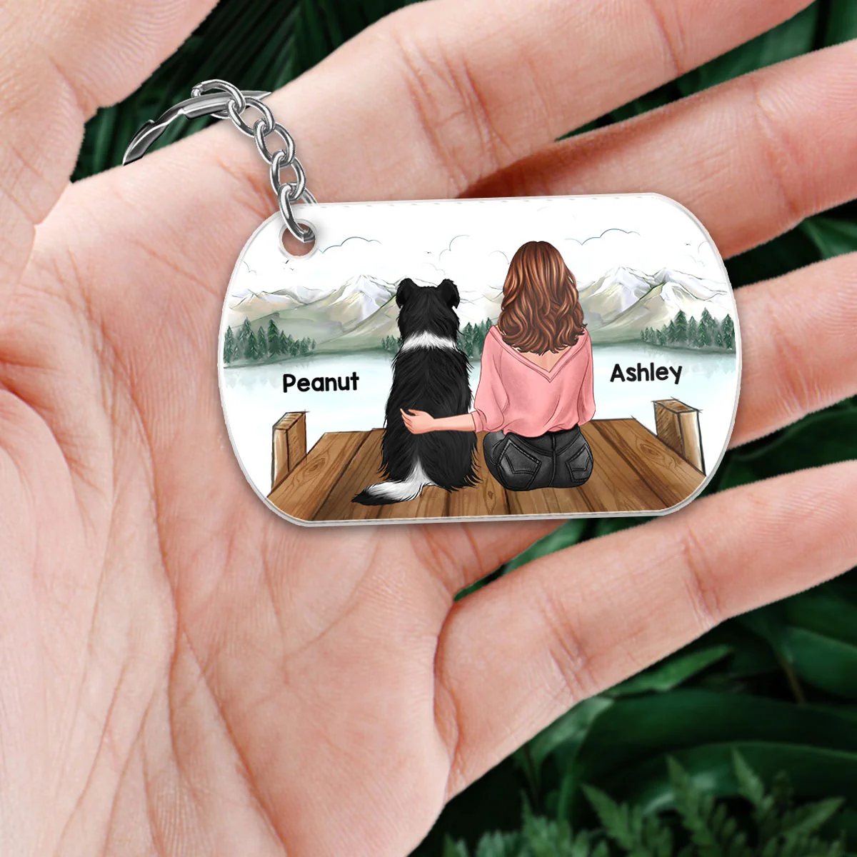 Woman & Dog Sitting On Bridge Personalized Acrylic Keychain - Image 2