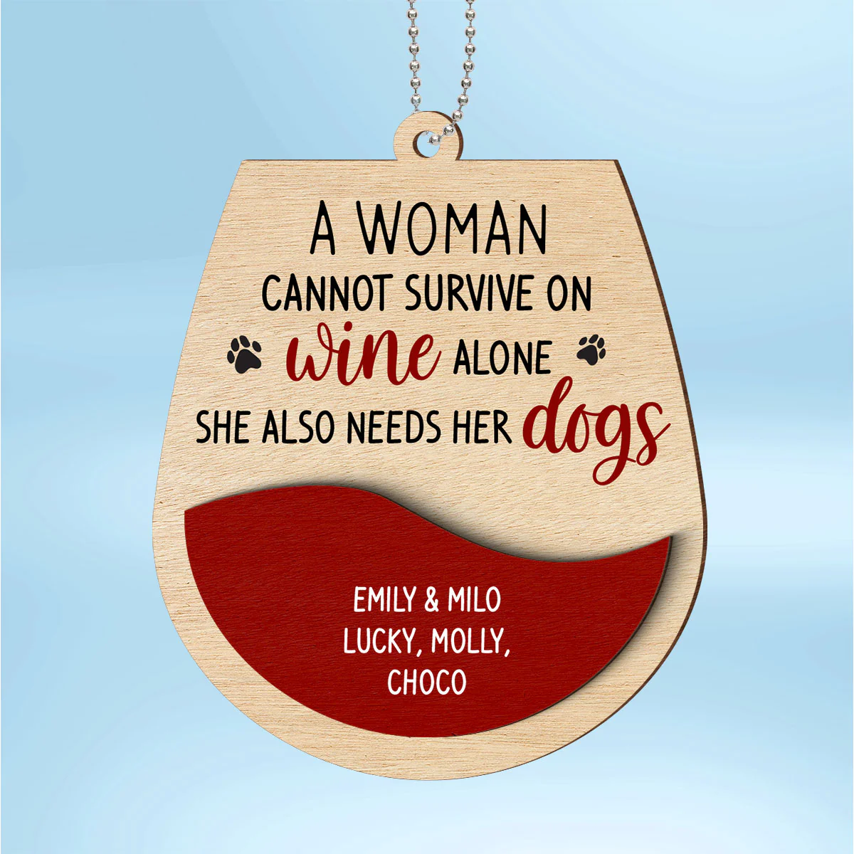 Woman Loves Wine and Dogs Personalized 2-Layered Wooden Ornament, Christmas Gift for Dog Moms - Image 2