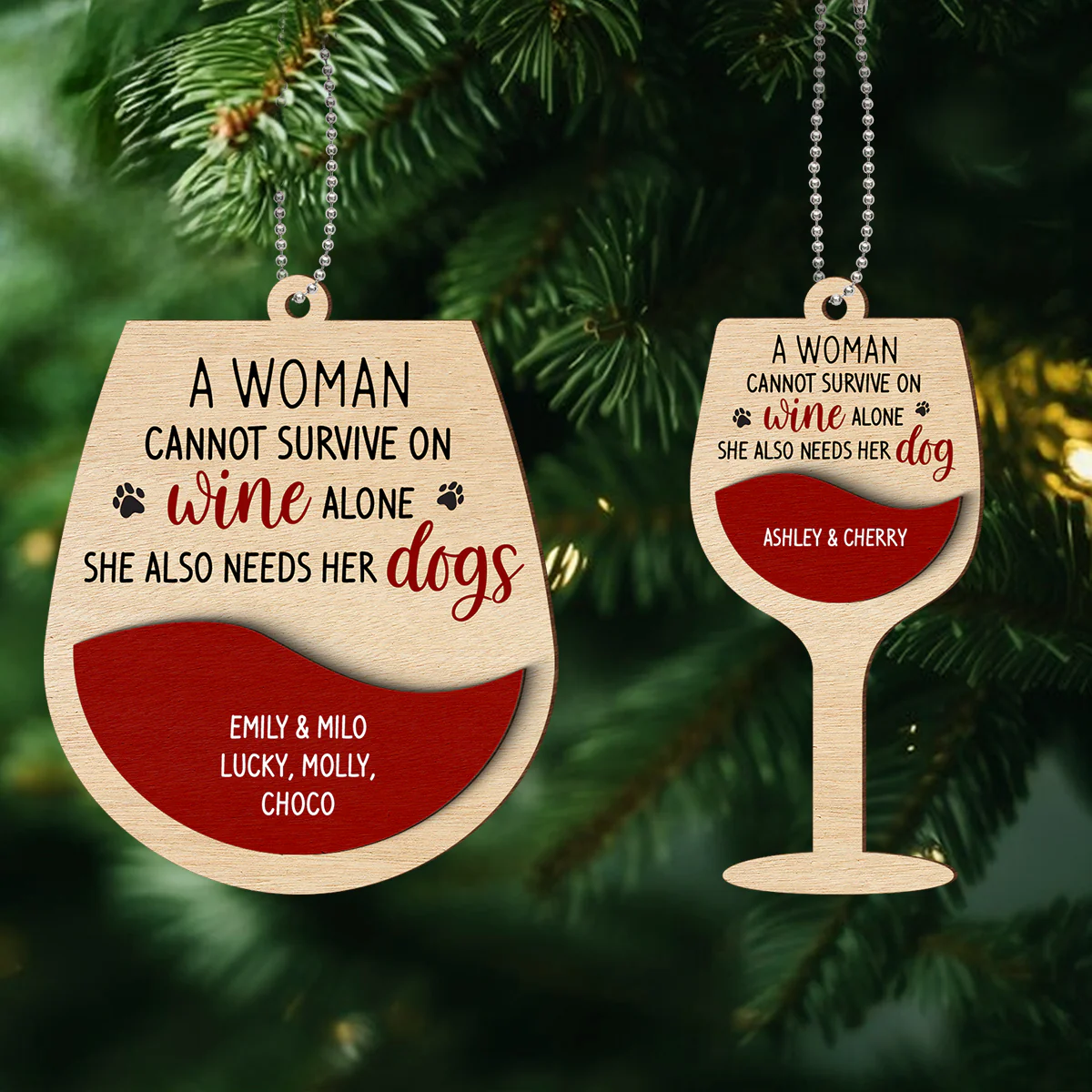 Woman Loves Wine and Dogs Personalized 2-Layered Wooden Ornament, Christmas Gift for Dog Moms - Image 3