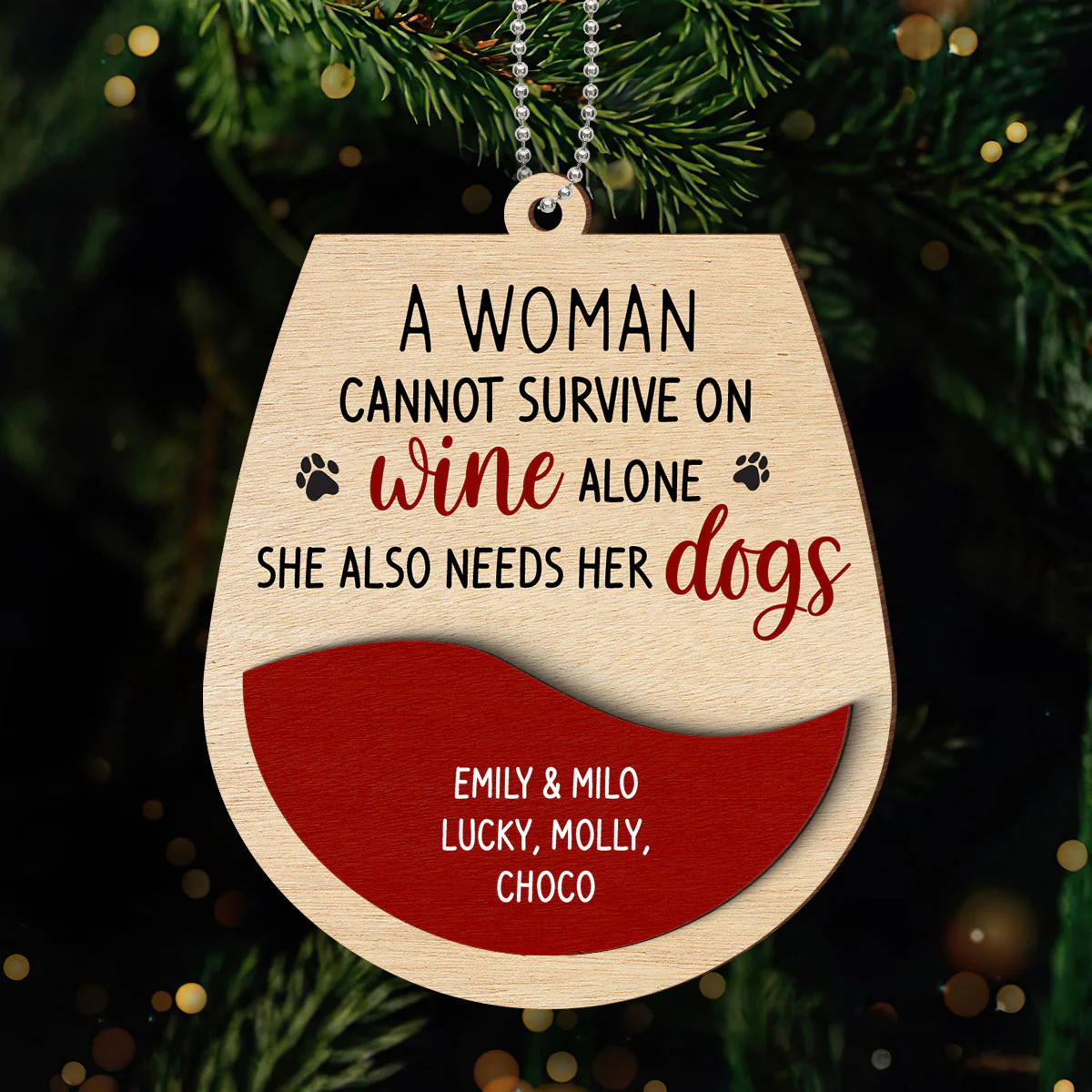 Woman Loves Wine and Dogs Personalized 2-Layered Wooden Ornament, Christmas Gift for Dog Moms - Image 4