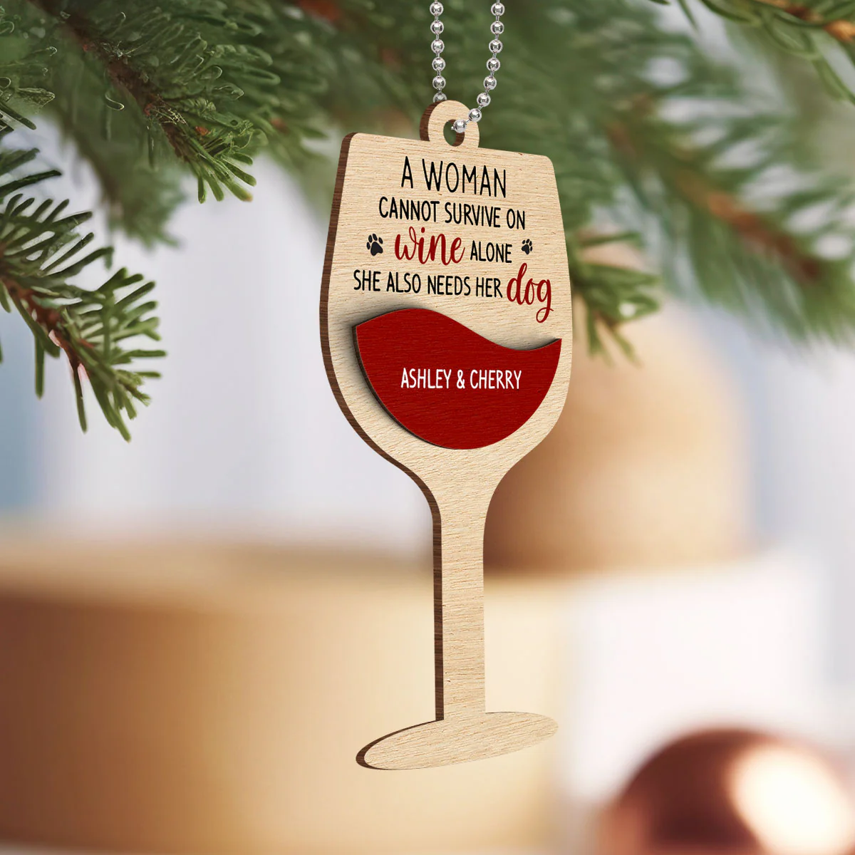 Woman Loves Wine and Dogs Personalized 2-Layered Wooden Ornament, Christmas Gift for Dog Moms - Image 5