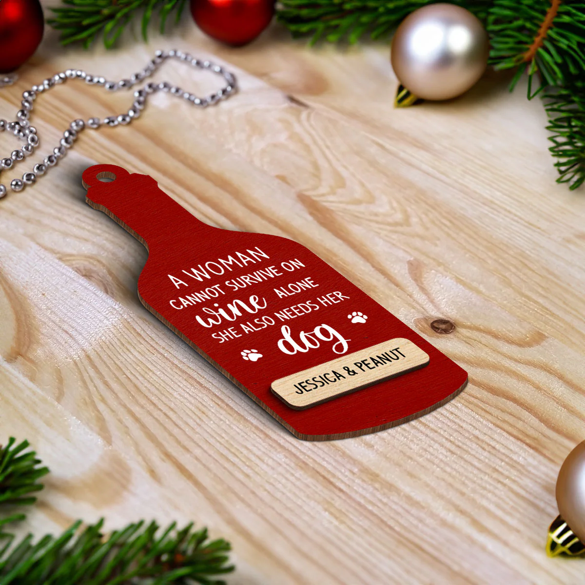 Woman Loves Wine and Dogs Personalized 2-Layered Wooden Ornament, Christmas Gift for Dog Moms - Image 7