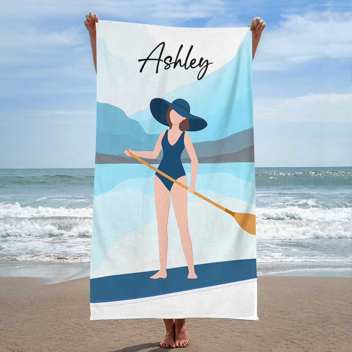 Woman Paddle Boarding Summer Gift Personalized Beach Towel - Image 2