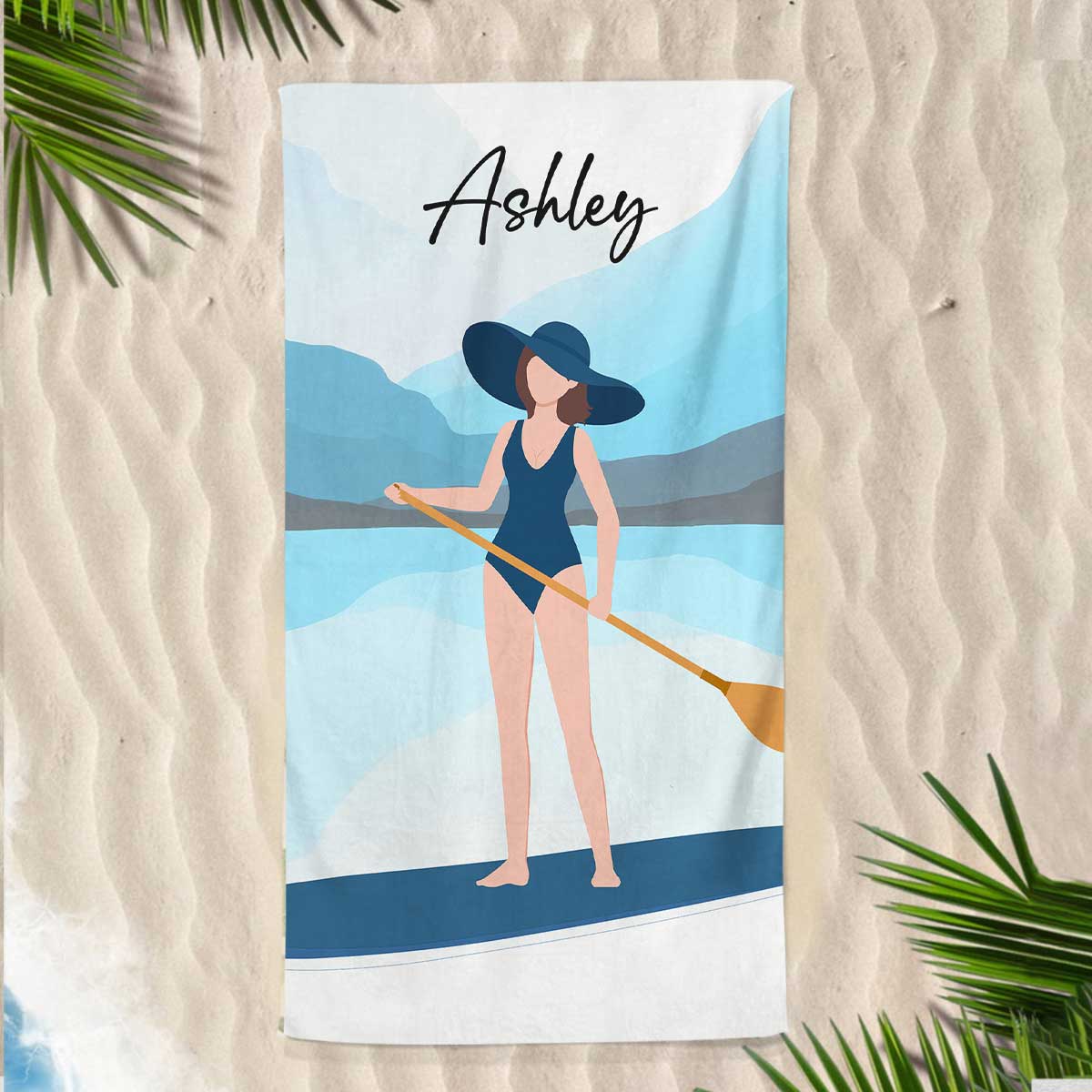 Woman Paddle Boarding Summer Gift Personalized Beach Towel - Image 3