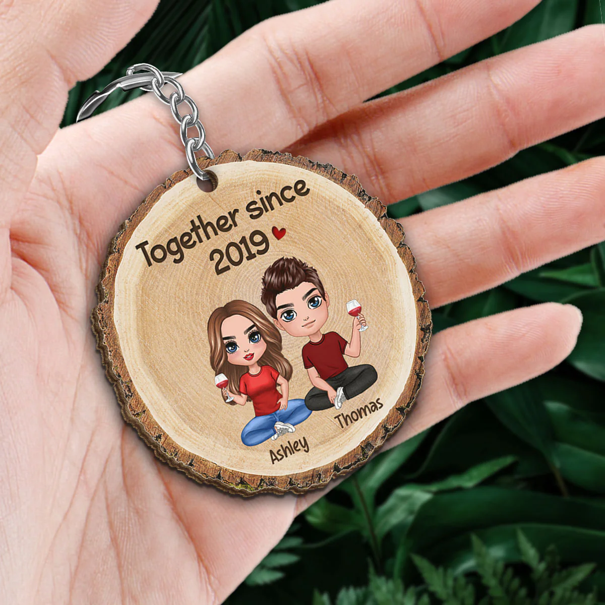 Wood Slice Texture Doll Couple Sitting Gift For Him For Her Personalized Wooden Keychain - Image 2