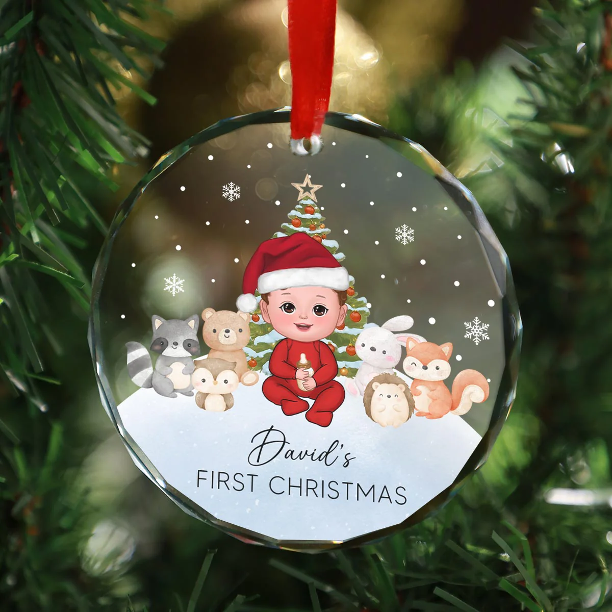 Woodland Animal Baby's First Christmas Personalized Glass Ornament - Image 2
