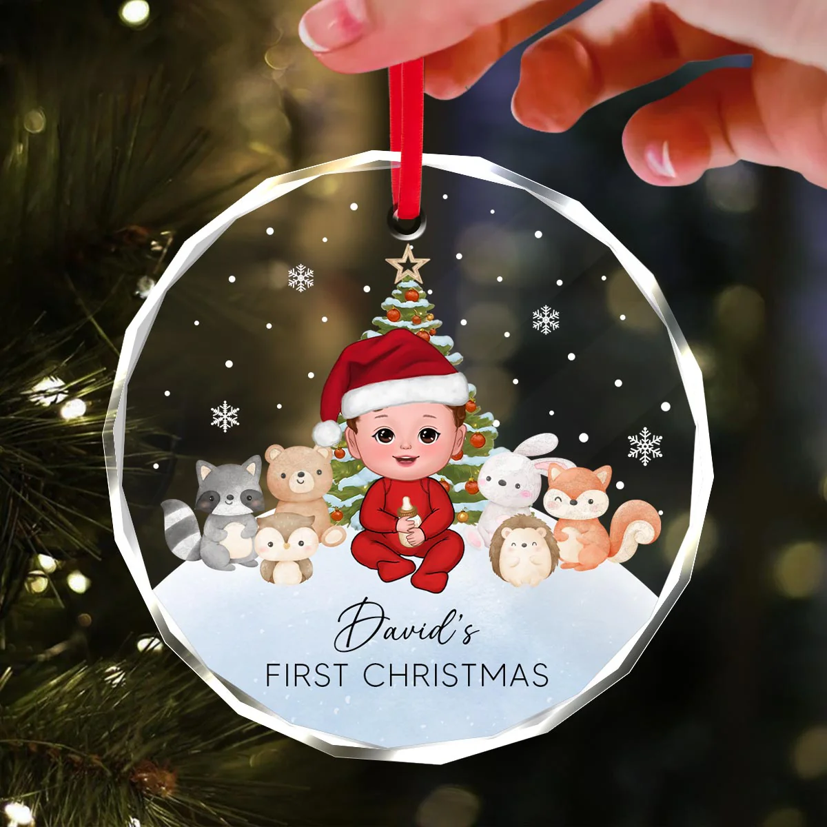 Woodland Animal Baby's First Christmas Personalized Glass Ornament - Image 3