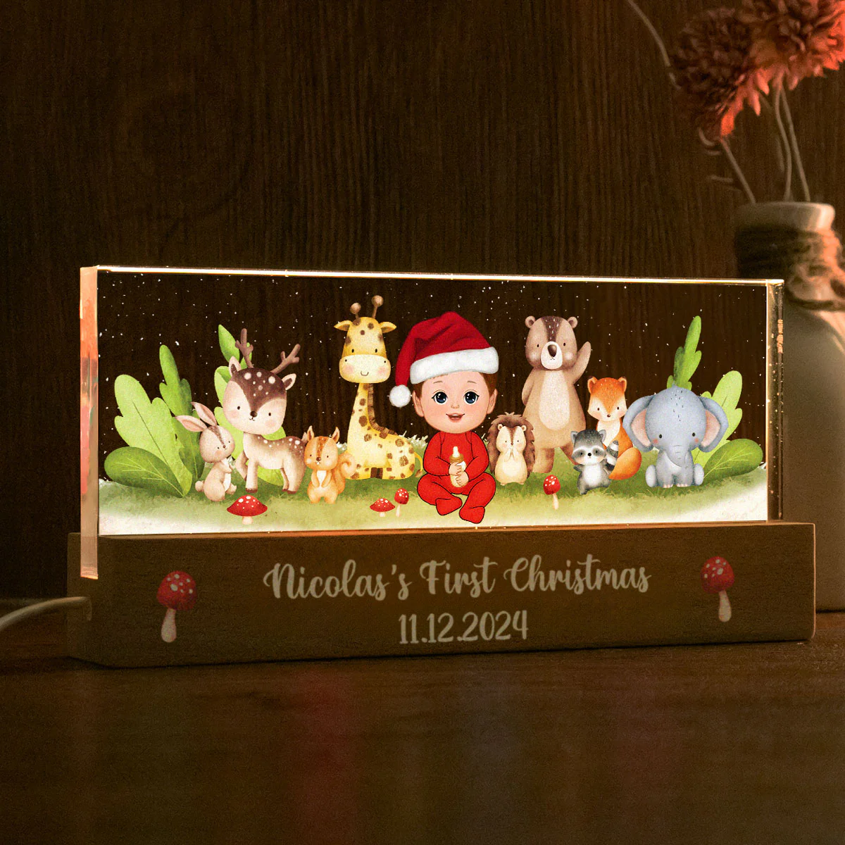 Woodland Animals Baby Christmas Personalized Acrylic Block LED Night Light - Image 3