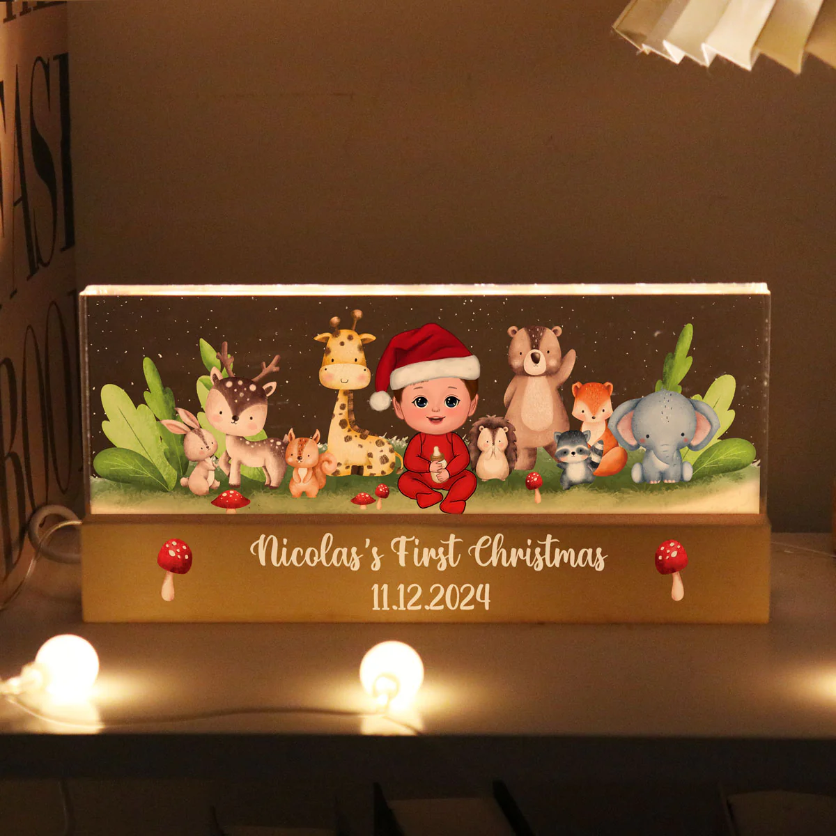 Woodland Animals Baby Christmas Personalized Acrylic Block LED Night Light - Image 4